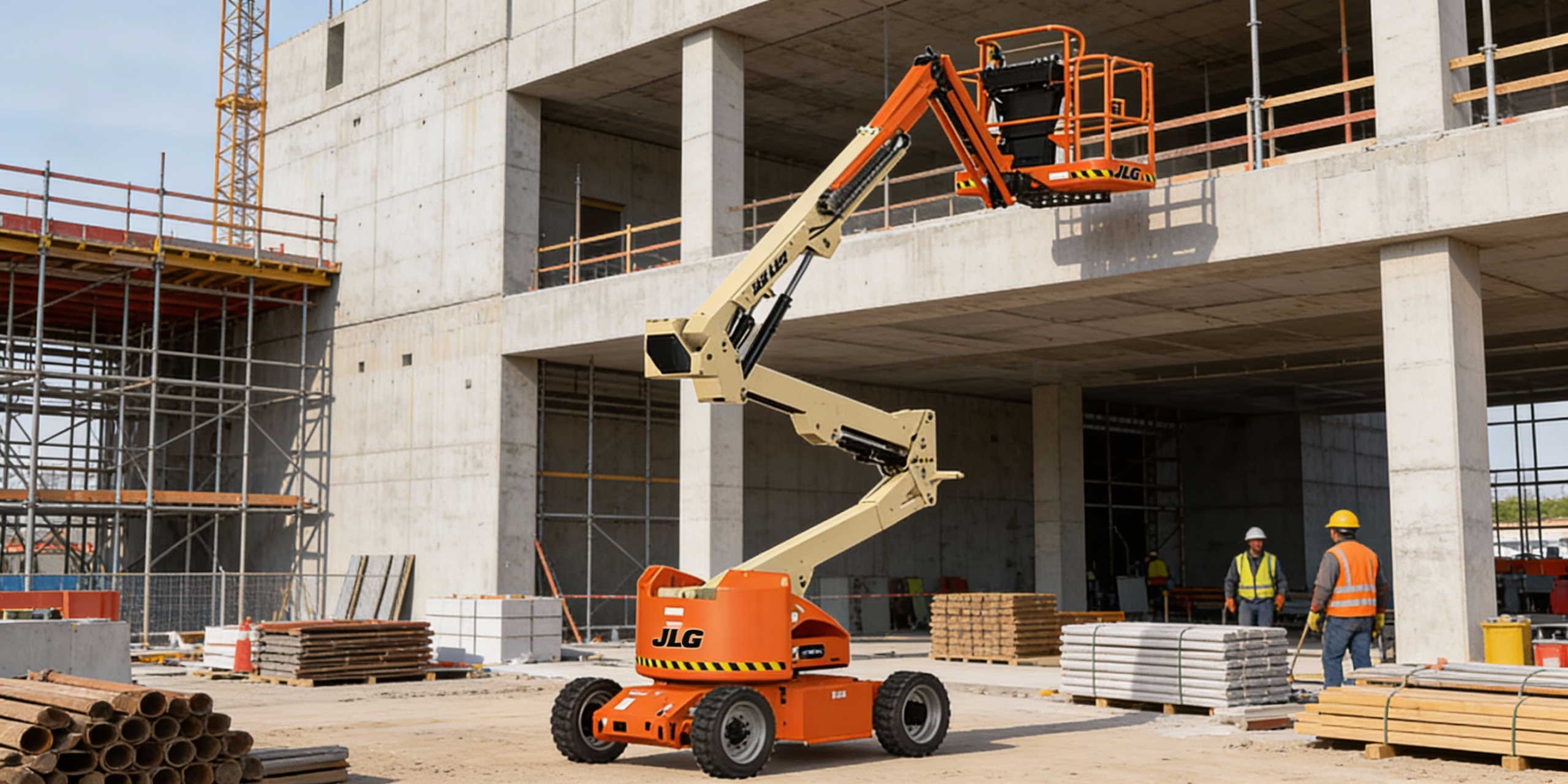 Plataformas elevatórias perto de prédio em construção.